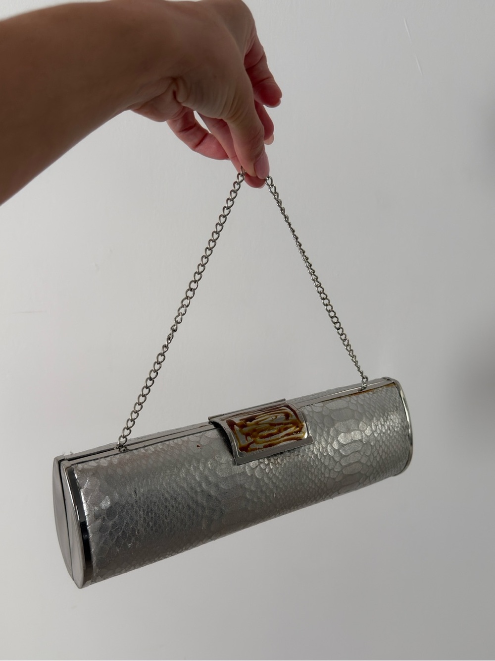 Silver Metallic Textured Cylinder Clutch Handbag